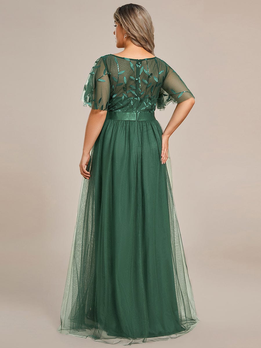 ever SAPHIR|Women's A-Line Sequin Leaf Maxi Prom Dress with Sleeves