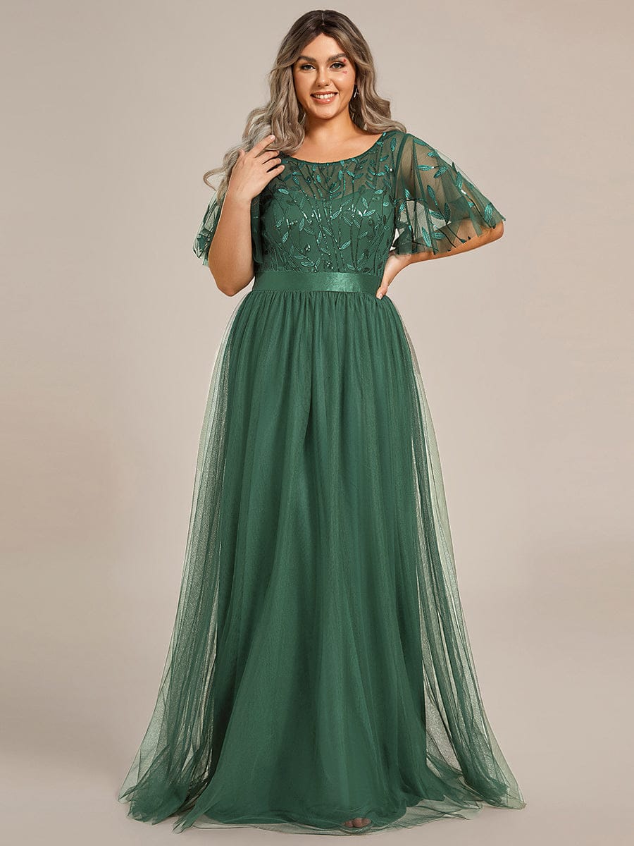 ever SAPHIR|Women's A-Line Sequin Leaf Maxi Prom Dress with Sleeves