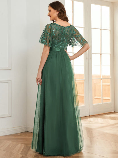 ever SAPHIR|Women's A-Line Sequin Leaf Maxi Prom Dress with Sleeves