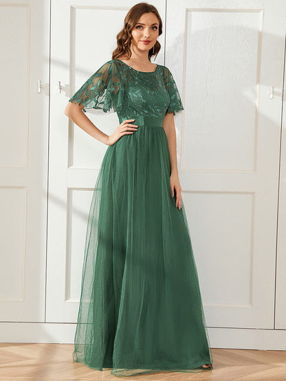 ever SAPHIR|Women's A-Line Sequin Leaf Maxi Prom Dress with Sleeves