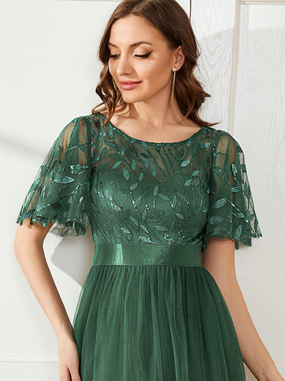 ever SAPHIR|Women's A-Line Sequin Leaf Maxi Prom Dress with Sleeves