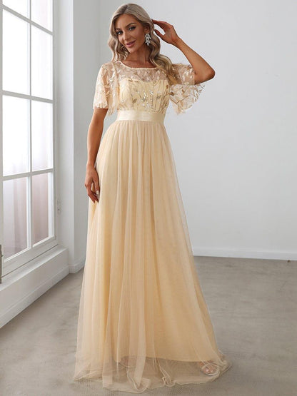 ever SAPHIR|Women's A-Line Sequin Leaf Maxi Prom Dress with Sleeves