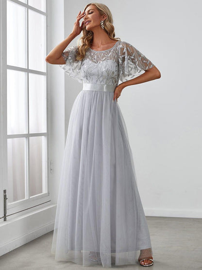 ever SAPHIR|Women's A-Line Short Sleeve Embroidery Floor Length Evening Dresses