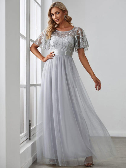 ever SAPHIR|Women's A-Line Sequin Leaf Maxi Prom Dress with Sleeves