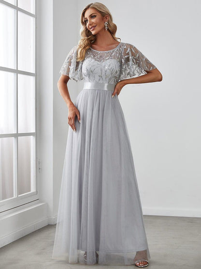 ever SAPHIR|Women's A-Line Sequin Leaf Maxi Prom Dress with Sleeves