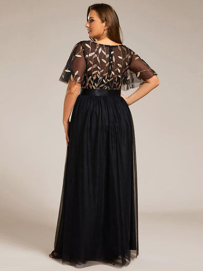 ever SAPHIR|Women's A-Line Sequin Leaf Maxi Prom Dress with Sleeves