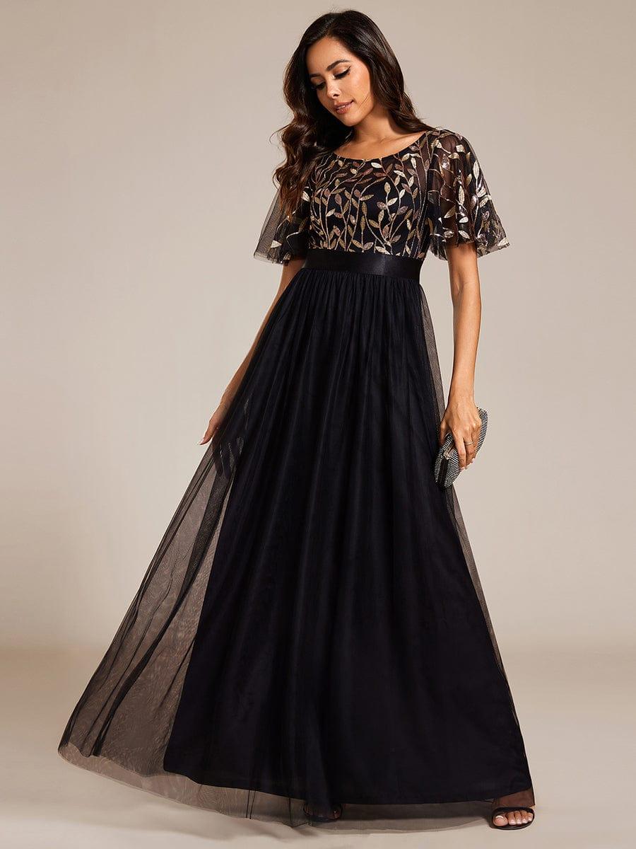 ever SAPHIR|Women's A-Line Sequin Leaf Maxi Prom Dress with Sleeves