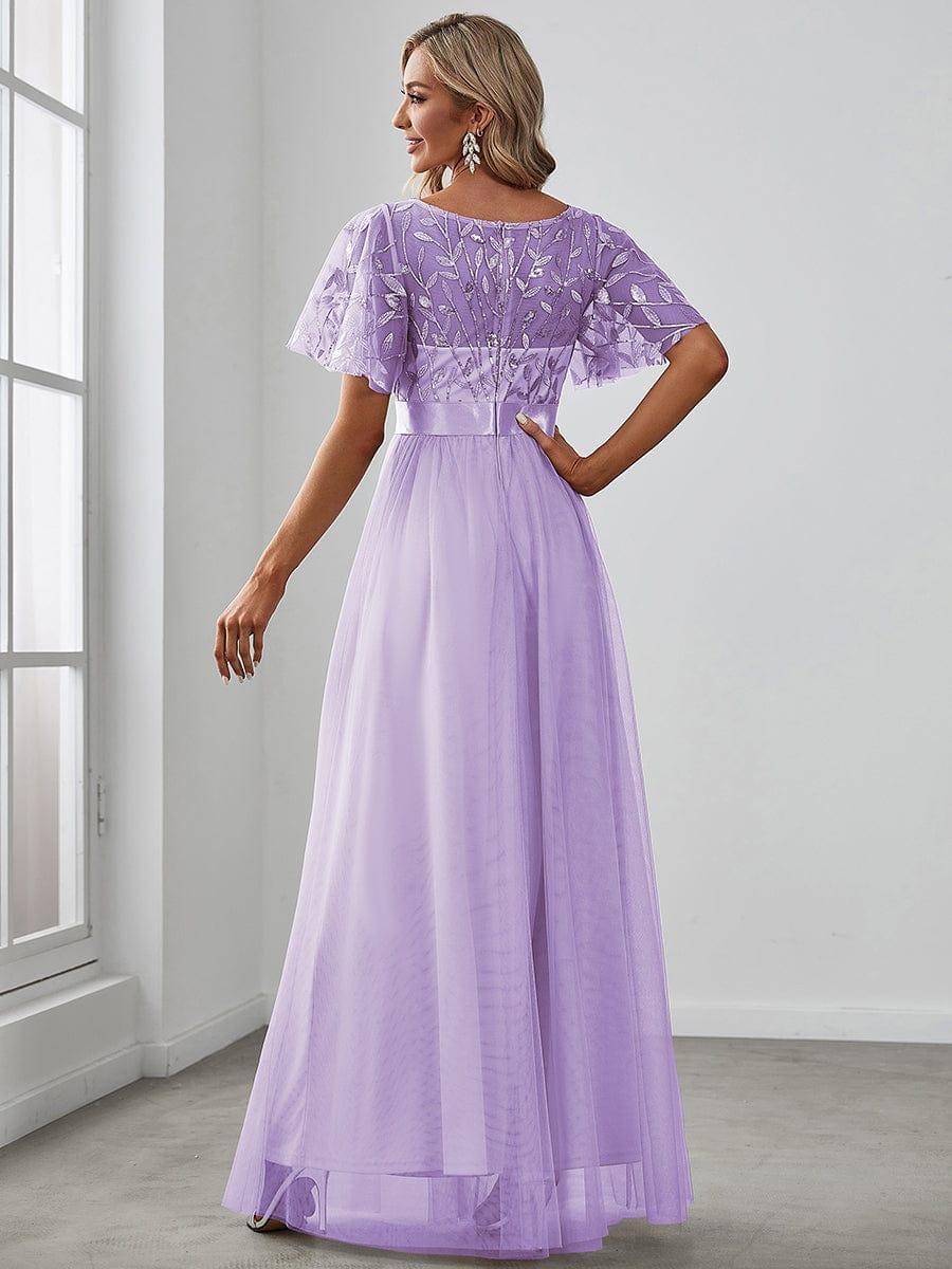 ever SAPHIR|Women's A-Line Sequin Leaf Maxi Prom Dress with Sleeves