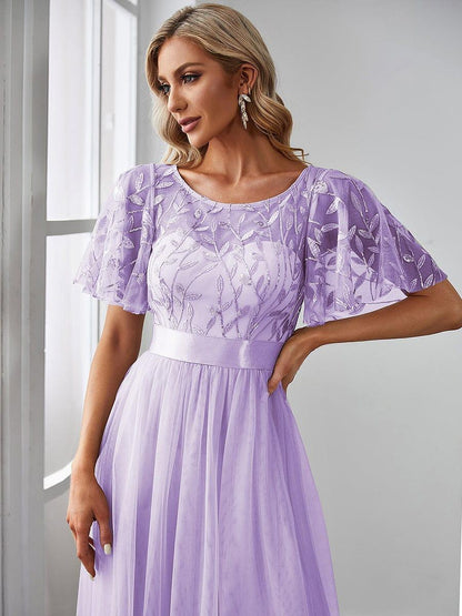 ever SAPHIR|Women's A-Line Sequin Leaf Maxi Prom Dress with Sleeves