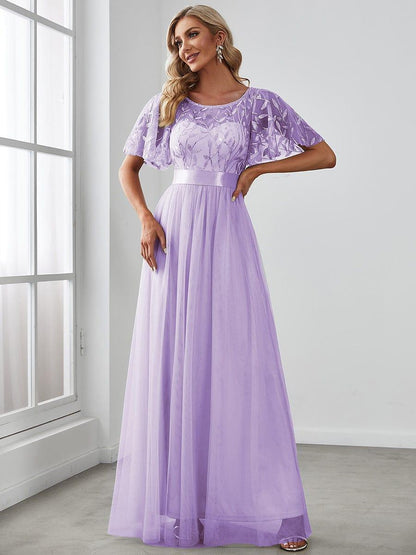 ever SAPHIR|Women's A-Line Short Sleeve Embroidery Floor Length Evening Dresses