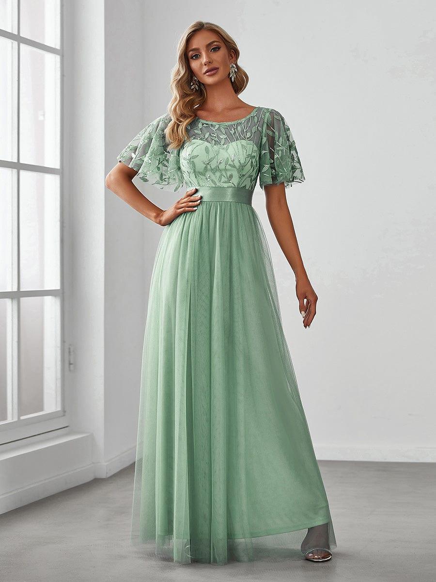 ever SAPHIR|Women's A-Line Sequin Leaf Maxi Prom Dress with Sleeves