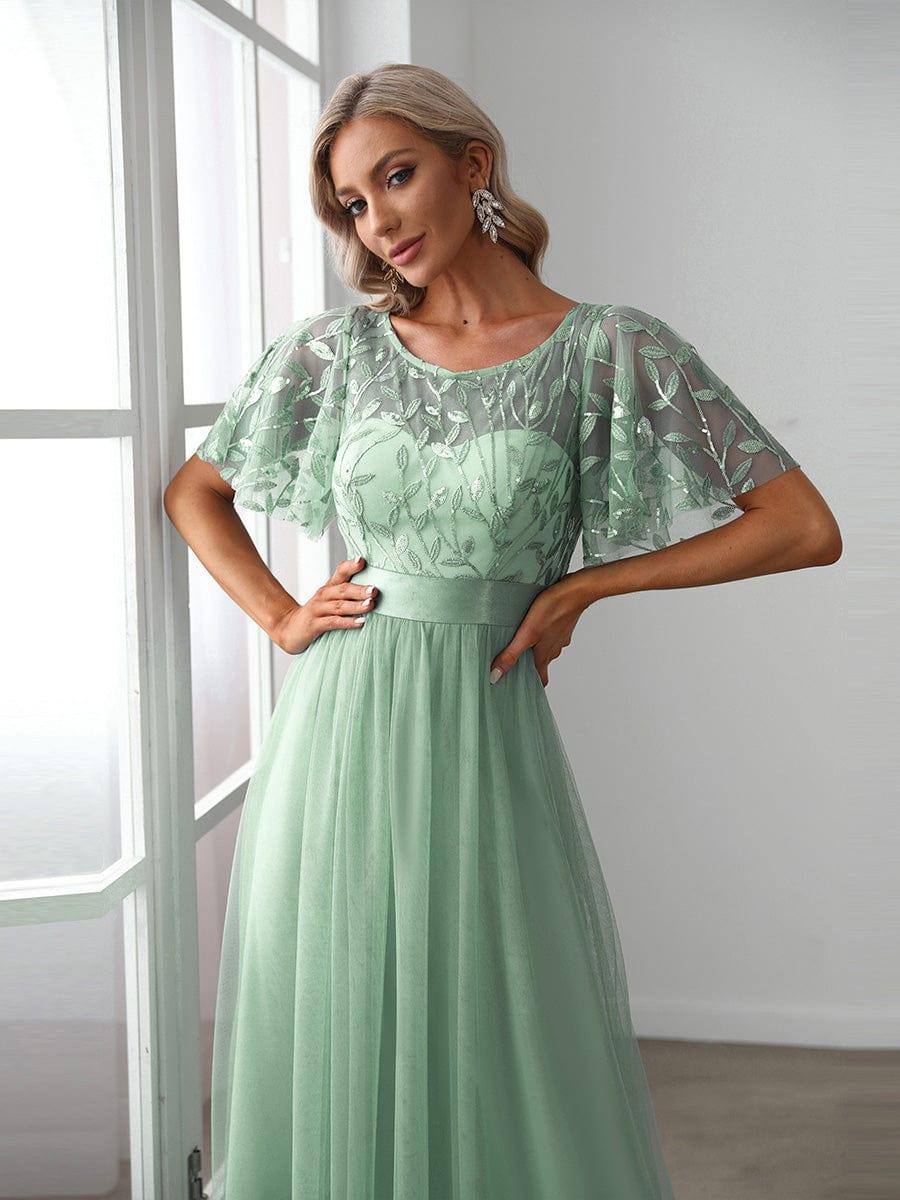 ever SAPHIR|Women's A-Line Sequin Leaf Maxi Prom Dress with Sleeves