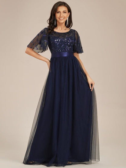 ever SAPHIR|Women's A-Line Sequin Leaf Maxi Prom Dress with Sleeves