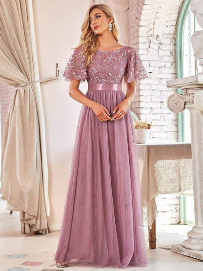 ever SAPHIR|Women's A-Line Sequin Leaf Maxi Prom Dress with Sleeves