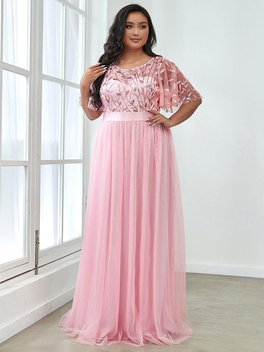 ever SAPHIR|Women's A-Line Sequin Leaf Maxi Prom Dress with Sleeves