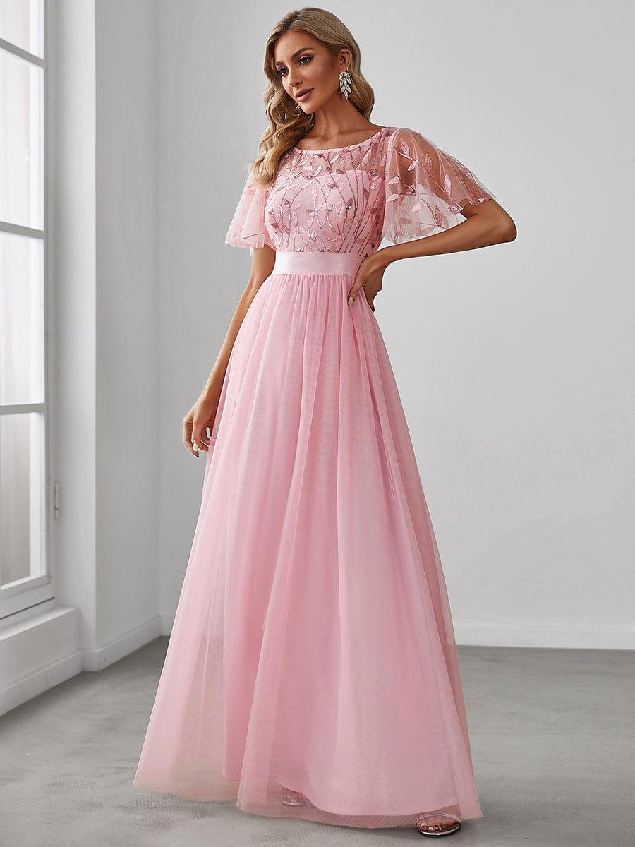 ever SAPHIR|Women's A-Line Short Sleeve Embroidery Floor Length Evening Dresses