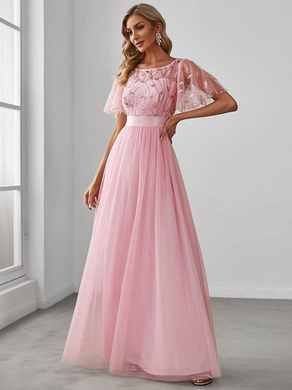 ever SAPHIR|Women's A-Line Sequin Leaf Maxi Prom Dress with Sleeves