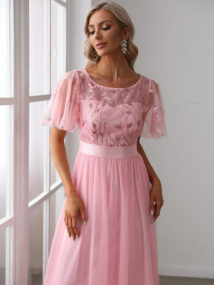 ever SAPHIR|Women's A-Line Sequin Leaf Maxi Prom Dress with Sleeves
