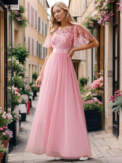ever SAPHIR|Women's A-Line Sequin Leaf Maxi Prom Dress with Sleeves