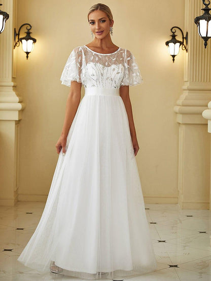 ever SAPHIR|Women's A-Line Short Sleeve Embroidery Floor Length Evening Dresses