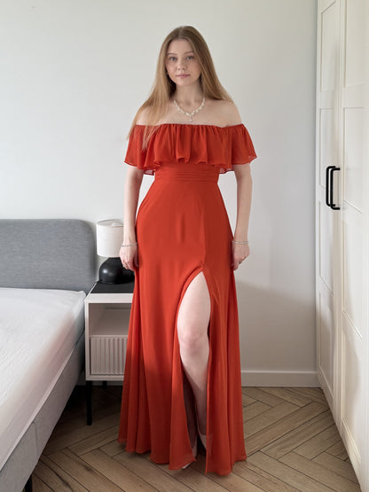 ever ÉMILE|Off the Shoulder Ruffle Bodice Long Flowy Chiffon Bridesmaid Dress
