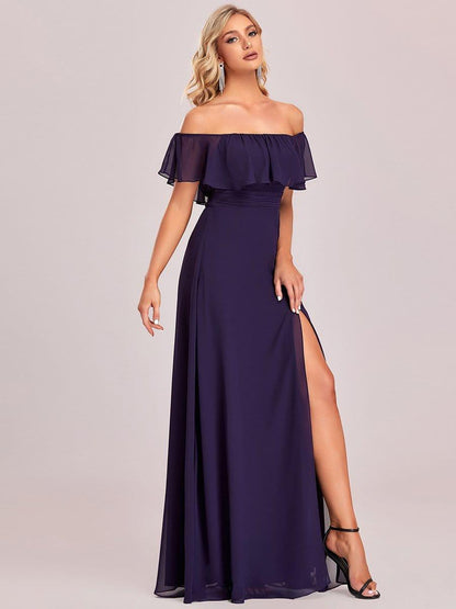 ever ÉMILE|Off the Shoulder Ruffle Bodice Long Flowy Chiffon Bridesmaid Dress