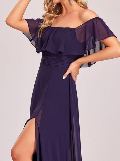 ever ÉMILE|Off the Shoulder Ruffle Bodice Long Flowy Chiffon Bridesmaid Dress