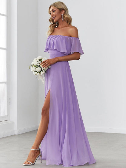 ever ÉMILE|Off the Shoulder Ruffle Bodice Long Flowy Chiffon Bridesmaid Dress