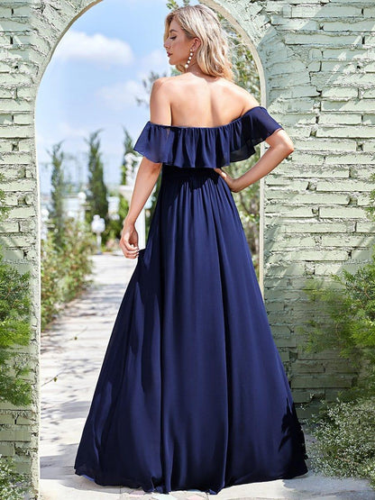 ever ÉMILE|Off the Shoulder Ruffle Bodice Long Flowy Chiffon Bridesmaid Dress