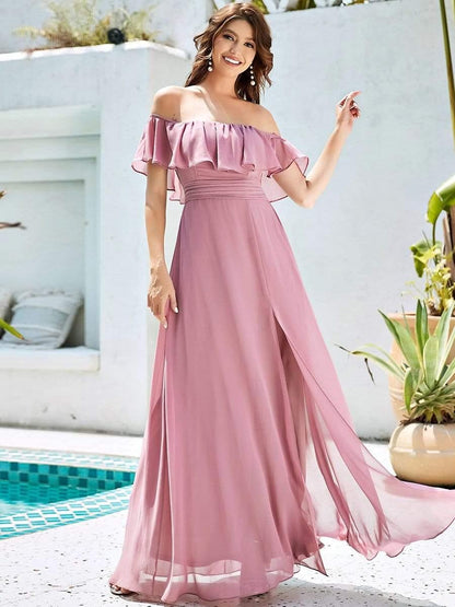 ever ÉMILE|Off the Shoulder Ruffle Bodice Long Flowy Chiffon Bridesmaid Dress