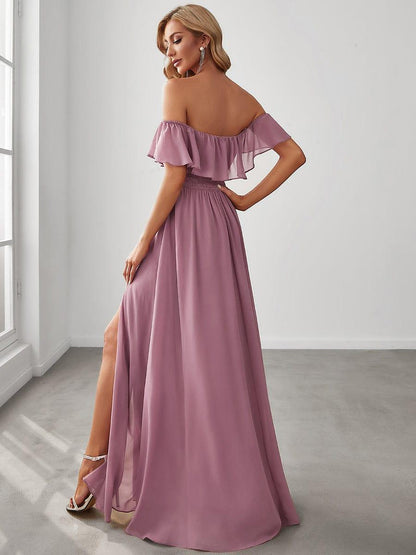 ever ÉMILE|Off the Shoulder Ruffle Bodice Long Flowy Chiffon Bridesmaid Dress