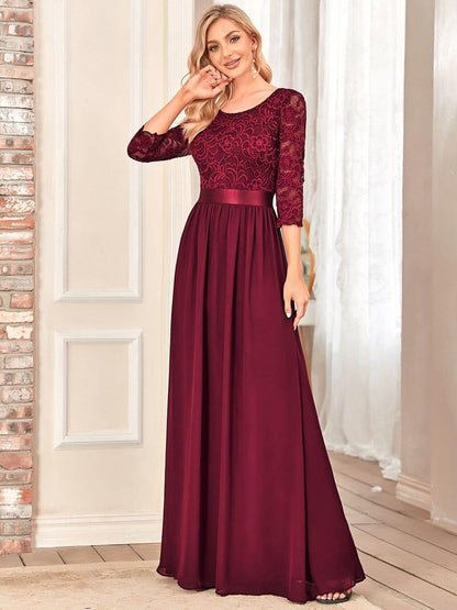 ever FAUN|See-Through Floor Length Lace Chiffon Evening Dress with Half Sleeve