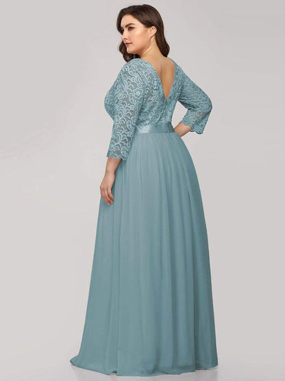 ever FAUN|See-Through Floor Length Lace Chiffon Evening Dress with Half Sleeve