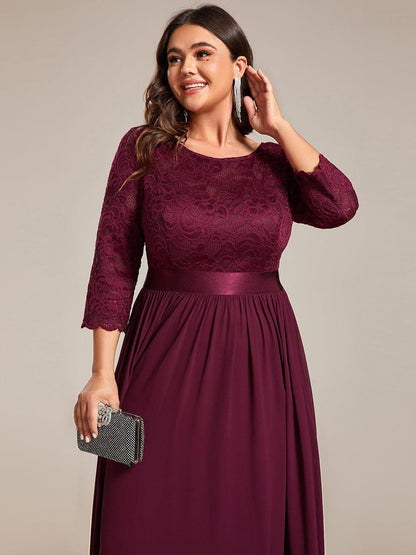 ever FAUN|See-Through Floor Length Lace Chiffon Evening Dress with Half Sleeve