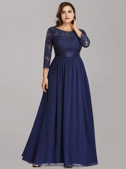 ever FAUN|See-Through Floor Length Lace Chiffon Evening Dress with Half Sleeve