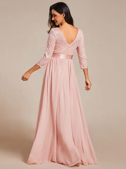 ever FAUN|See-Through Floor Length Lace Chiffon Evening Dress with Half Sleeve