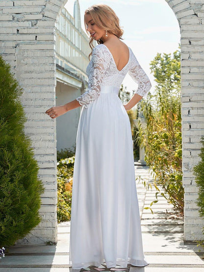 ever FAUN|See-Through Floor Length Lace Chiffon Evening Dress with Half Sleeve
