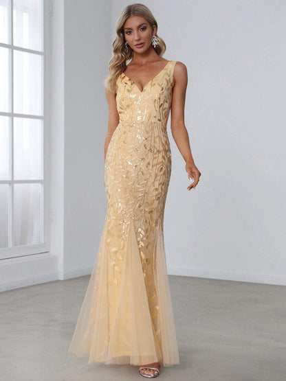 ever ORIEL|Leaf Sequin V-Neck Sleeveless Bridesmaid Dress with Tulle Hem