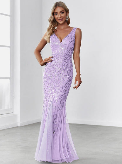 ever ORIEL|Leaf Sequin V-Neck Sleeveless Bridesmaid Dress with Tulle Hem