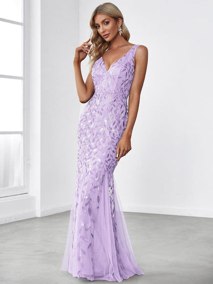 ever ORIEL|Leaf Sequin V-Neck Sleeveless Bridesmaid Dress with Tulle Hem