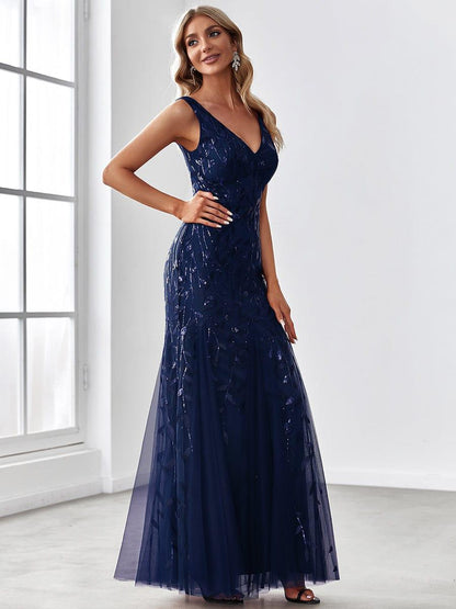 ever ORIEL|Leaf Sequin V-Neck Sleeveless Bridesmaid Dress with Tulle Hem