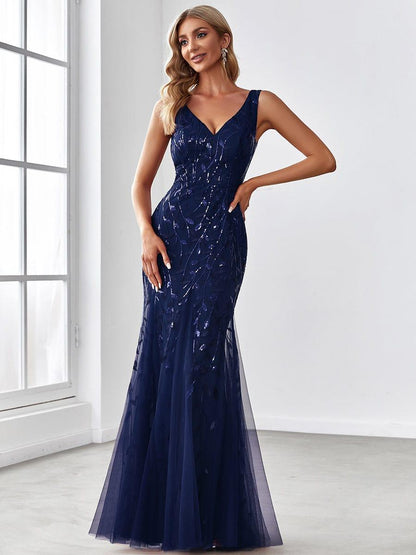 ever ORIEL|Leaf Sequin V-Neck Sleeveless Bridesmaid Dress with Tulle Hem
