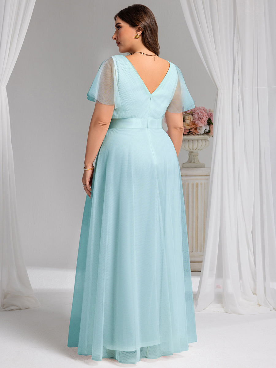 ever MISTE|Double V-Neck Floor-Length Short Sleeve Tulle Bridesmaid Dresses