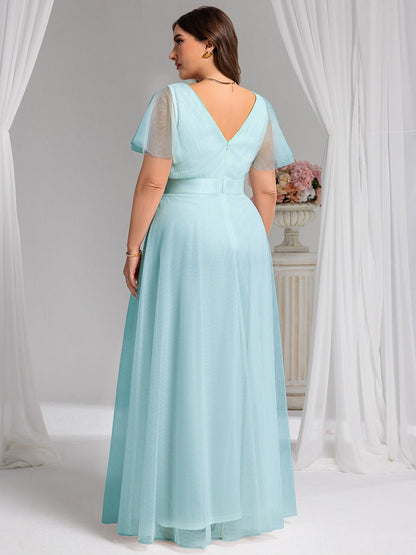 ever MISTE|Double V-Neck Floor-Length Short Sleeve Tulle Bridesmaid Dresses