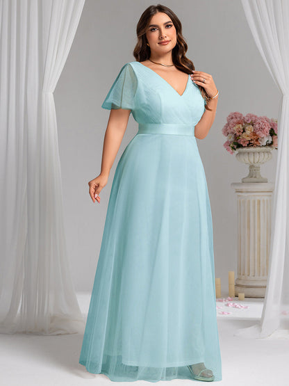 ever MISTE|Double V-Neck Floor-Length Short Sleeve Tulle Bridesmaid Dresses