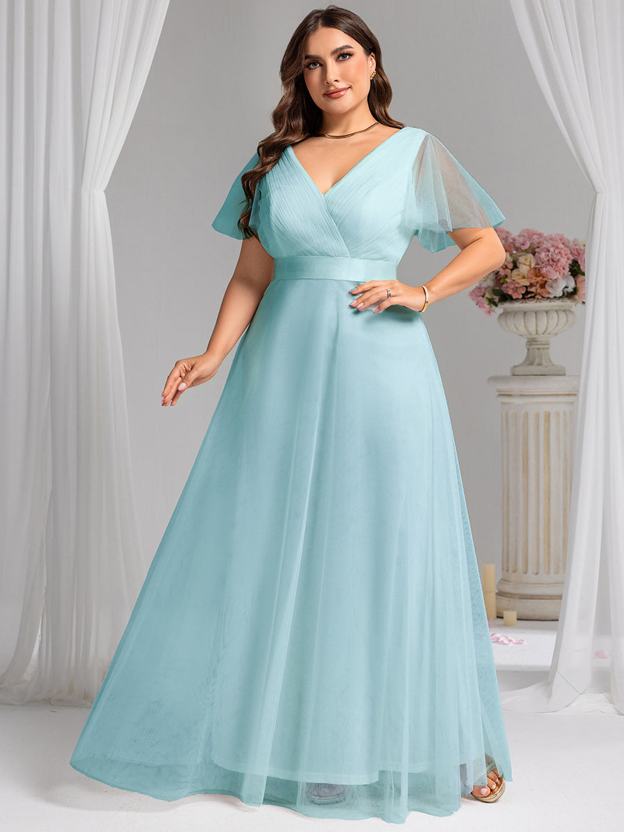 ever MISTE|Double V-Neck Floor-Length Short Sleeve Tulle Bridesmaid Dresses