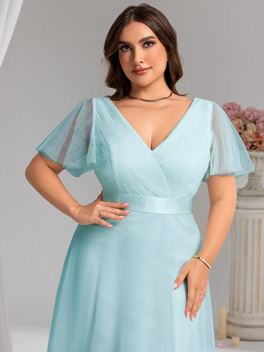 ever MISTE|Double V-Neck Floor-Length Short Sleeve Tulle Bridesmaid Dresses