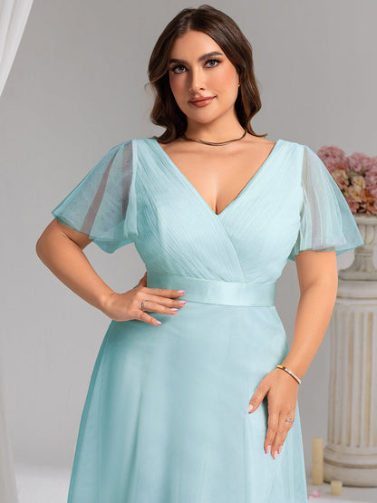 ever MISTE|Double V-Neck Floor-Length Short Sleeve Tulle Bridesmaid Dresses