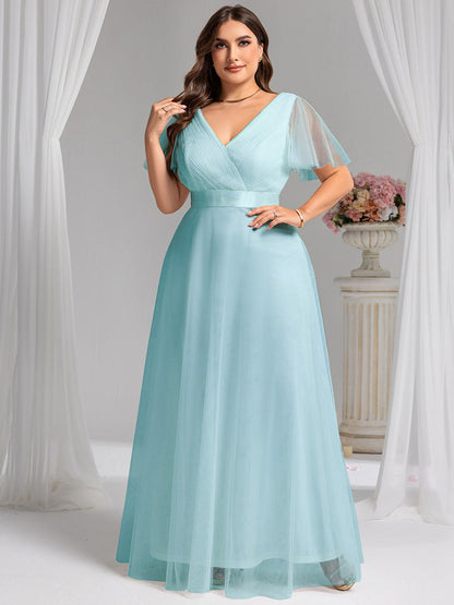 pretty MISTE|Women's Floor-Length Plus Size Formal Bridesmaid Dress with Short Sleeve