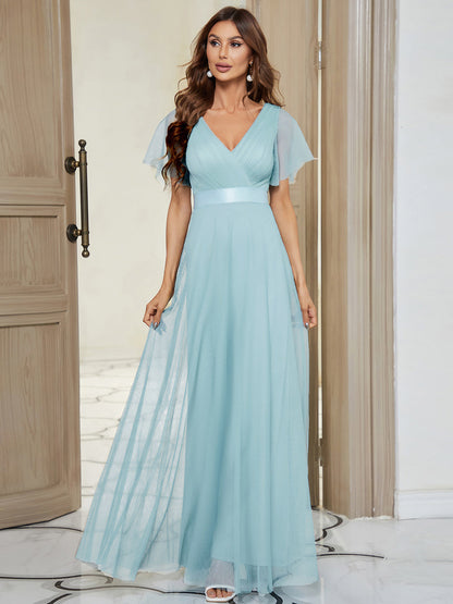 ever MISTE|Double V-Neck Floor-Length Short Sleeve Tulle Bridesmaid Dresses